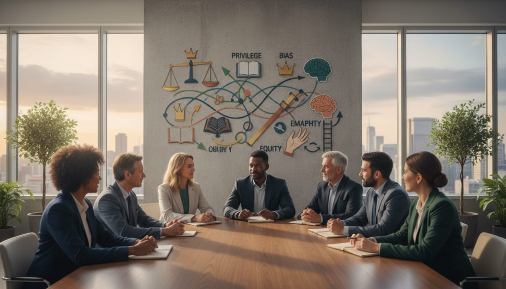 A serene office environment reflecting diversity and inclusion. In the foreground, a diverse group of professionals, wearing smart business attire, are engaged in a thoughtful discussion around a large table. Their expressions convey awareness and mutual respect. In the middle ground, a wall features a series of interconnected visual representations of privileges and biases, such as scales balancing different societal symbols. In the background, large windows let in soft, natural light, creating a warm and inviting atmosphere. The mood is contemplative and uplifting, emphasizing community and growth. The angle of the shot captures both the individuals and the visual elements on the wall, creating a harmonious blend of interaction and awareness.
