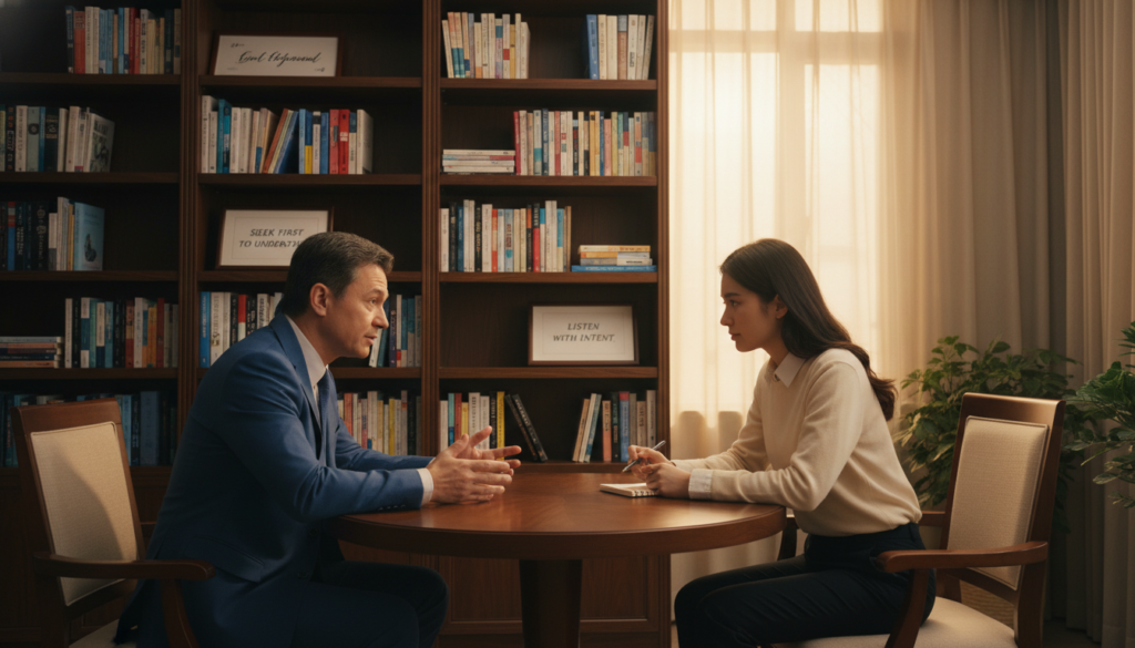 A serene office environment showcasing a thoughtful discussion between two individuals. In the foreground, a middle-aged man in a crisp blue business suit and a young woman in smart casual attire are seated at a round table, leaning in to listen attentively to one another. Their expressions reflect empathy and understanding. In the middle ground, a bookshelf filled with diverse literature and inspirational quotes adds depth. In the background, soft, warm lighting illuminates the space, creating a welcoming atmosphere. The scene captures the essence of understanding before judgment, emphasizing the importance of active listening. The angle is slightly above eye level, showcasing the connection between the two subjects while maintaining a professional and inviting mood. A serene office environment showcasing a thoughtful discussion between two individuals. In the foreground, a middle-aged man in a crisp blue business suit and a young woman in smart casual attire are seated at a round table, leaning in to listen attentively to one another. Their expressions reflect empathy and understanding. In the middle ground, a bookshelf filled with diverse literature and inspirational quotes adds depth. In the background, soft, warm lighting illuminates the space, creating a welcoming atmosphere. The scene captures the essence of understanding before judgment, emphasizing the importance of active listening. The angle is slightly above eye level, showcasing the connection between the two subjects while maintaining a professional and inviting mood.