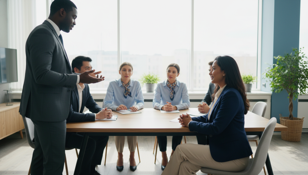 A serene office environment with a diverse group of professionals engaged in a collaborative discussion around a large table. In the foreground, a middle-aged woman of South Asian descent, dressed in smart business attire, gracefully adjusts her posture while listening intently, her expression reflecting adaptability and empathy. In the middle, a Black man in a sharp suit shares an idea, his hands gesturing passionately, while a young Caucasian woman adds input, her face showing curiosity and openness. The background features a large window letting in soft natural light, illuminating the room and creating an atmosphere of warmth and positivity. The overall mood conveys emotional flexibility and maturity, emphasizing connection and understanding among the team. The lens should capture the scene from a slightly elevated angle for a comprehensive view.