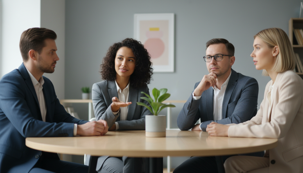 A serene office environment, with a modern and minimalistic design, serves as the background. In the foreground, a diverse group of three professionals, dressed in smart business attire, sit around a round table engaged in respectful dialogue. One individual is demonstrating self-control, with a gentle smile and calm demeanor, while another displays thoughtful contemplation. A small plant on the table symbolizes growth and emotional regulation. Soft, natural lighting filters in through a nearby window, illuminating their expressions and creating a warm atmosphere. The focus is sharp on the subjects, with a shallow depth of field blurring the background slightly. The overall mood is one of tranquility, maturity, and professional collaboration, reflecting emotional regulation and self-control in a constructive setting.