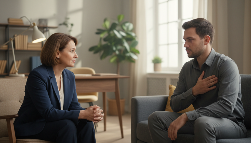 A serene office environment with two professionals engaged in a heartfelt conversation, showcasing empathy and understanding. In the foreground, a middle-aged woman in modest business attire with expressive eyes, leaning slightly forward, listening intently. The middle section features a younger man in smart-casual clothing, his body language open, visibly affected by the dialogue. The background includes soft-focus office decor, with warm lighting creating a welcoming ambience. A large window lets in natural light, casting gentle shadows that enhance the emotional connection between the subjects. The mood is warm and inviting, emphasizing trust, compassion, and the power of empathy in relationships.