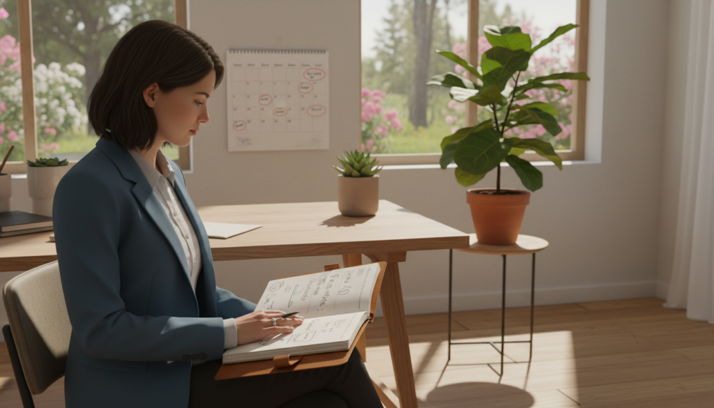 A serene office setting depicting a person in professional attire, sitting at a desk, contemplating their boundaries. The foreground features the individual, a woman with thoughtful expression, looking at a notebook filled with personal reflections. In the middle ground, a potted plant symbolizes growth and self-care, while a calendar on the wall hints at the importance of time management. The background shows a window with soft, natural light streaming in, casting warm shadows and creating a calm atmosphere. The mood is tranquil and introspective, emphasizing the theme of setting limits and self-communication. The composition captures a sense of empowerment and clarity.