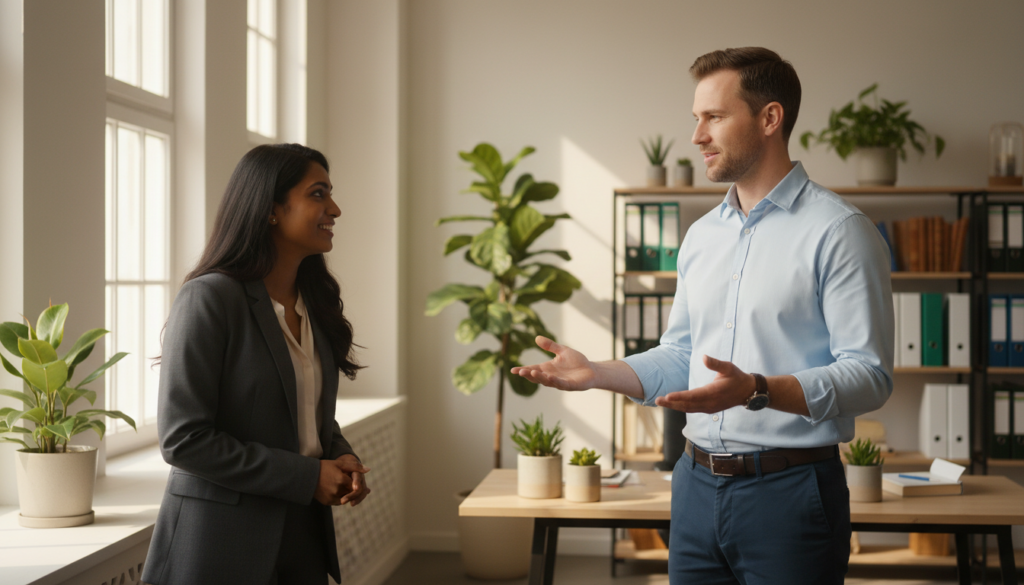 A serene office setting featuring two professionals engaged in a constructive conversation, emphasizing assertive communication. In the foreground, a diverse woman in a tailored blazer is actively listening, her body language open and inviting. In the middle ground, a man in a crisp shirt makes a thoughtful gesture, illustrating clarity and respect in expression. Natural light filters through large windows, creating a warm and inviting atmosphere. The background includes subtle elements such as potted plants and a neatly organized desk, reinforcing a sense of composure and professionalism. The overall mood is positive and empowering, symbolizing healthy expression and mutual understanding in relationships.
