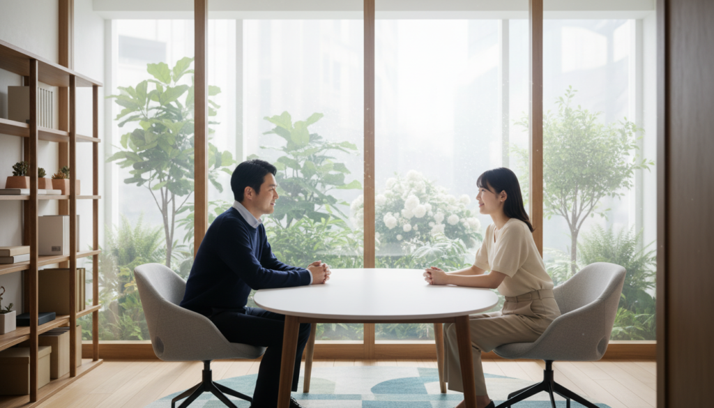A serene office setting that embodies the concept of "healthy boundaries." In the foreground, a diverse group of two professionals—one male and one female—sitting across from each other at a sleek, modern conference table, engaged in a calm and respectful discussion. The middle ground features a clear glass wall with lush green plants visible outside, symbolizing growth and openness. In the background, soft sunlight streams through large windows, casting a warm, inviting glow over the scene. The atmosphere is one of mutual respect and understanding, with both individuals dressed in comfortable yet professional attire. The lens is focused to create a soft depth of field, emphasizing the connection between the two while still capturing the tranquil workspace.