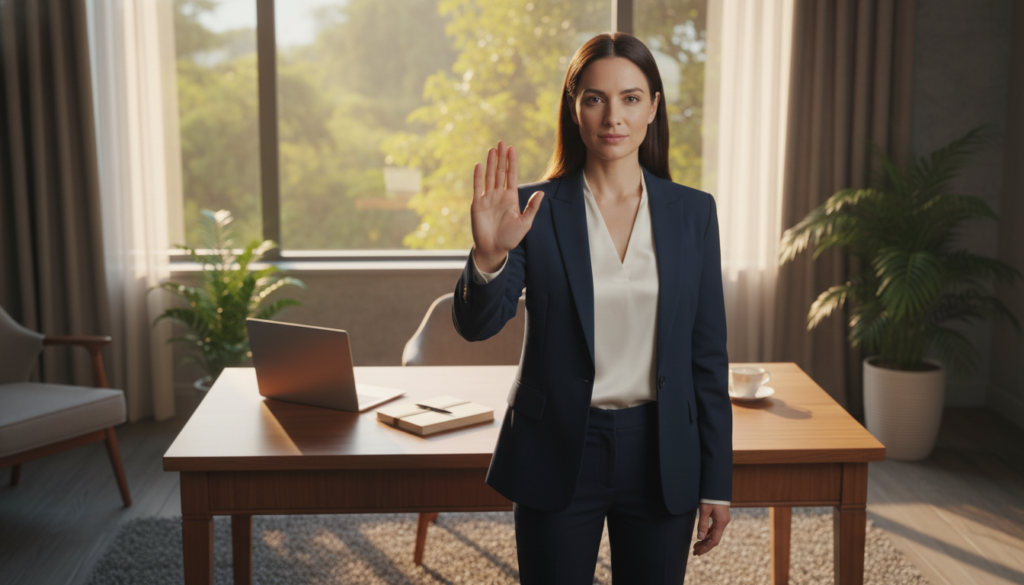 A serene office setting with a warm, inviting atmosphere. In the foreground, a confident professional woman in business attire stands tall, gently raising her hand in a gesture of 'no' while displaying a calm expression. In the middle, an office desk is neatly organized, featuring a closed laptop and a journal, symbolizing personal reflection. The background consists of a softly lit window with greenery outside, filtering natural light that creates a peaceful ambiance. The overall mood is one of empowerment and emotional balance, illustrating the concept of setting personal boundaries without guilt. The composition is captured with a slightly angled viewpoint to enhance depth, emphasizing the subject and her surroundings harmoniously.