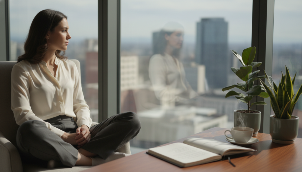 A serene office space depicting a person deep in thought, showcasing emotional self-awareness. In the foreground, a woman in professional attire, sitting cross-legged in a comfortable chair, gazes thoughtfully at a reflection in a window. Her expression is contemplative, illuminated by soft, natural light streaming in, creating gentle shadows. In the middle ground, a desk with a journal and a cup of tea symbolizes introspection and mindfulness, while plants in calming hues add life to the scene. The background features a blurred cityscape, representing the outside world. The mood is tranquil and inspiring, evoking a sense of personal growth and clarity in understanding emotions. The angle is slightly high, capturing both the reflective act and the inviting space around her.