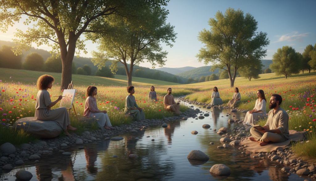 A serene outdoor scene capturing the essence of finding beauty in the present moment. In the foreground, a gentle stream flows over smooth pebbles, reflecting the soft light of late afternoon. A diverse group of people, dressed in modest casual clothing, is joyfully engaged in activities like painting, reading, and meditating by the water's edge. In the middle ground, lush greenery with vibrant wildflowers sways softly in a warm breeze, while a few trees provide dappled sunlight filtering through their leaves. The background features rolling hills under a clear blue sky, evoking a sense of tranquility and spaciousness. The overall mood is peaceful and uplifting, inviting the viewer to appreciate life's simple joys. Use soft, warm lighting to enhance the inviting atmosphere.