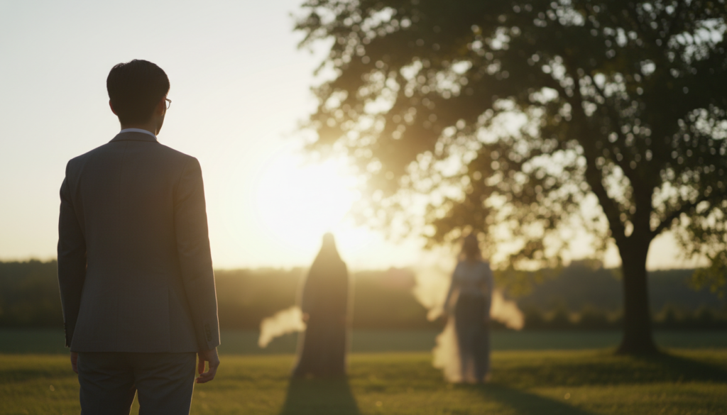 A serene scene capturing the essence of forgiveness after deep emotional pain. In the foreground, a person wearing a modest, professional outfit stands with their back to the viewer, gazing towards a warm sunrise. Their body language conveys a gradual release of tension and a hint of hope. In the middle ground, two ethereal figures represent past conflicts, with subtle, shadowy forms that symbolize grief transitioning to peace. The background features a tranquil landscape, with soft, golden light filtering through leaves of a lush tree, creating an atmosphere of warmth and healing. The scene is well-lit, suggesting a new beginning, and is captured from a slightly elevated angle, enhancing the sense of introspection and enlightenment.