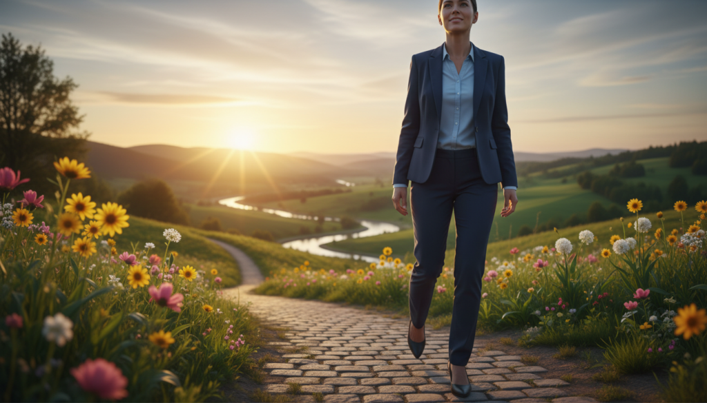 A serene scene depicting the concept of "recomeço," or new beginnings. In the foreground, a determined individual stands on a sunlit path, dressed in professional business attire, taking a confident first step forward. Their expression is one of hope and resolve. The middle ground features a lush, green landscape with blooming flowers, symbolizing growth and transformation. In the background, a bright sunrise casts a warm glow over rolling hills, representing new opportunities and the dawn of a fresh journey. The image should have soft, natural lighting to evoke a sense of optimism and clarity, captured from a slightly low angle to emphasize the person's upward gaze and determination. The overall mood is uplifting and motivational, embodying the courage to embrace change.