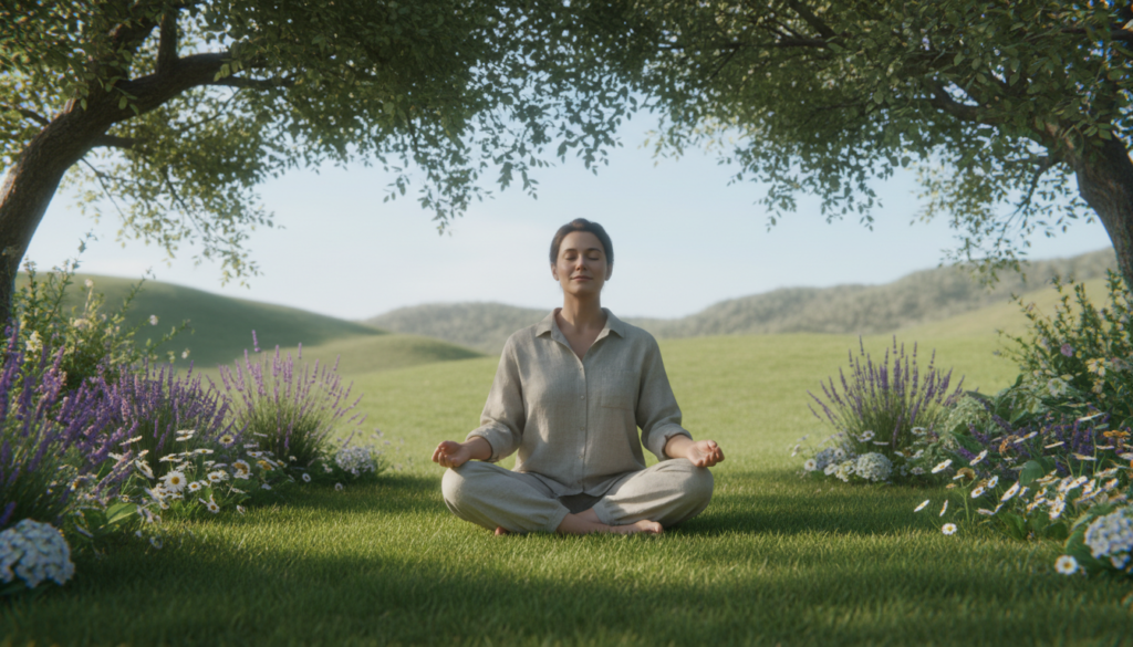 A serene scene illustrating emotional self-care and mental health, featuring a peaceful outdoor setting. In the foreground, a person in modest casual clothing practices mindfulness, sitting cross-legged on a lush green lawn, eyes closed, with a soft, tranquil expression. In the middle, gentle sunlight filters through a canopy of trees, casting dappled light on blooming flowers surrounding them. In the background, a calm blue sky and distant hills create a sense of tranquility. The atmosphere is warm and inviting, evoking feelings of peace and inner balance. Soft, diffuse lighting enhances the overall serenity of the image, with a focus on creating a reflective and nurturing environment, aiming to inspire viewers to prioritize their emotional well-being.