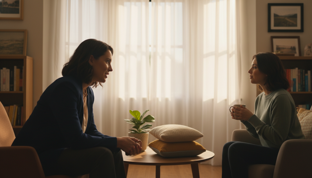 A serene scene in a warmly lit, cozy office setting, showcasing the essence of "acolhimento." In the foreground, a compassionate individual in professional business attire, engaged in a supportive conversation with another person who is seated comfortably across from them. The middle ground features subtle decorative elements like soft pillows and a small indoor plant, enhancing the inviting atmosphere. In the background, a large window allows gentle sunlight to filter through sheer curtains, casting a soft glow around the space. The mood conveys understanding and warmth, reflecting the power of listening and empathizing, with a shallow depth of field to emphasize the connection between the individuals. The overall color palette is warm and soothing, dominated by earthy tones and soft pastels. A serene scene in a warmly lit, cozy office setting, showcasing the essence of "acolhimento." In the foreground, a compassionate individual in professional business attire, engaged in a supportive conversation with another person who is seated comfortably across from them. The middle ground features subtle decorative elements like soft pillows and a small indoor plant, enhancing the inviting atmosphere. In the background, a large window allows gentle sunlight to filter through sheer curtains, casting a soft glow around the space. The mood conveys understanding and warmth, reflecting the power of listening and empathizing, with a shallow depth of field to emphasize the connection between the individuals. The overall color palette is warm and soothing, dominated by earthy tones and soft pastels.