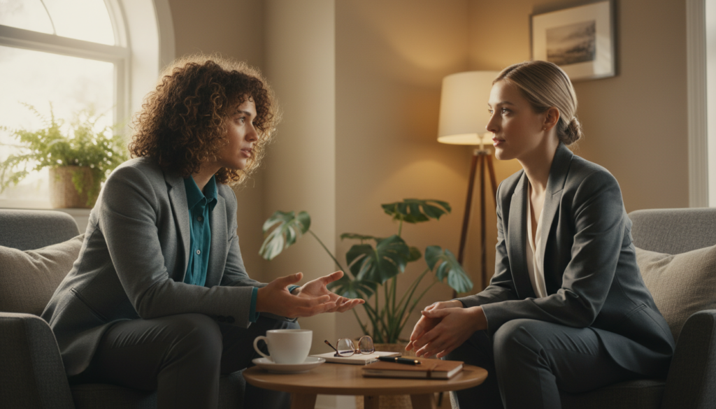 A serene setting depicting two individuals engaged in active listening, sitting across from each other in a cozy, well-lit room. The foreground features a diverse pair: one person with curly hair wearing a smart-casual shirt, and the other with straight hair dressed in a business suit. Both exhibit open body language, leaning slightly forward, showing genuine interest. In the middle, a small table with a coffee cup and notepad symbolizes thoughtful dialogue. The background showcases soft, neutral colors and warm ambient lighting, creating an inviting atmosphere. A large window filters in natural light, illuminating the scene, while plants add a touch of tranquility. The overall mood exudes empathy, connection, and understanding, emphasizing the importance of active listening.