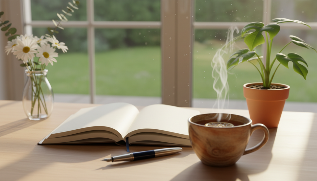 A serene workspace featuring a beautifully arranged journal open to a blank page, a fountain pen resting beside it. In the foreground, a warm cup of herbal tea emits gentle steam, symbolizing relaxation. The middle ground includes a potted plant providing a touch of greenery, alongside a small vase with fresh flowers. In the background, soft natural light streams through a window, illuminating the scene with a golden hue, enhancing the atmosphere of peace and introspection. A subtle wooden desk adds warmth, and the overall mood is tranquil and inviting, encouraging reflection and daily writing habits. The composition is well-balanced, focusing on the essentials for creating a calming, therapeutic environment.