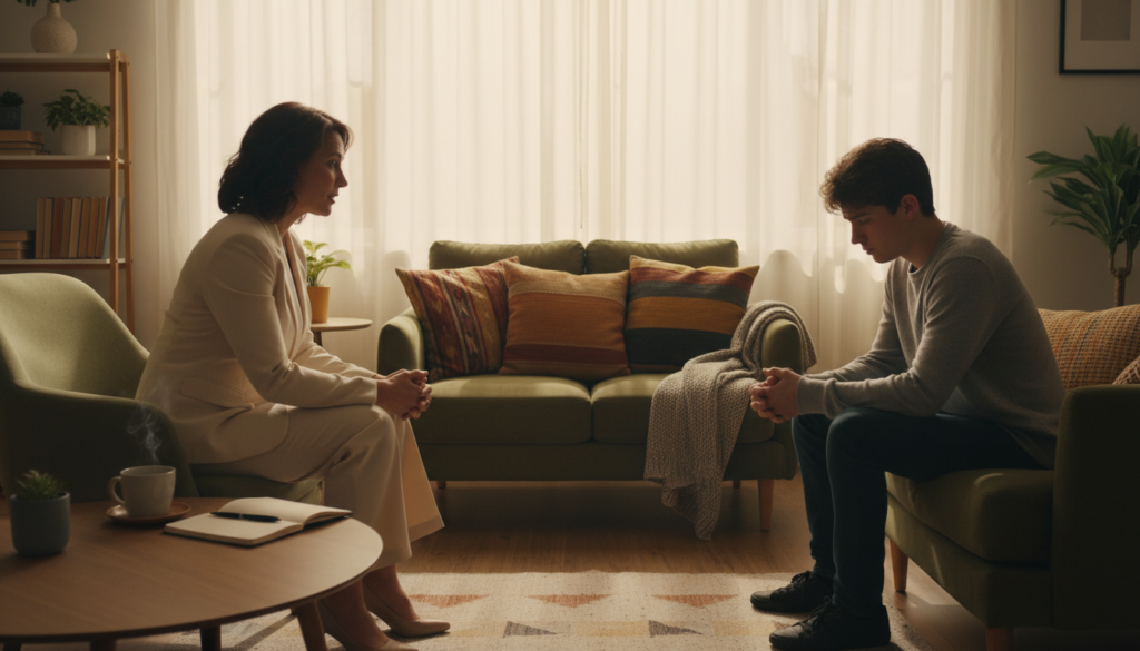 A serene yet thought-provoking scene depicting the limits of human acceptance in a cozy, softly lit space. In the foreground, a compassionate figure in professional attire sits attentively, listening to another person, who appears slightly overwhelmed. Their expressions convey empathy and challenge, highlighting the emotional weight of the conversation. The middle ground features warm, inviting decor, with a comfortable chair, a small table with a steaming cup of tea, and soft pillows, establishing a safe environment. In the background, the room is warmly lit with golden sunlight filtering through sheer curtains, casting gentle shadows that symbolize both comfort and uncertainty. The atmosphere exudes a blend of warmth and introspection, encouraging reflection on the challenges of acceptance and the importance of self-compassion. A serene yet thought-provoking scene depicting the limits of human acceptance in a cozy, softly lit space. In the foreground, a compassionate figure in professional attire sits attentively, listening to another person, who appears slightly overwhelmed. Their expressions convey empathy and challenge, highlighting the emotional weight of the conversation. The middle ground features warm, inviting decor, with a comfortable chair, a small table with a steaming cup of tea, and soft pillows, establishing a safe environment. In the background, the room is warmly lit with golden sunlight filtering through sheer curtains, casting gentle shadows that symbolize both comfort and uncertainty. The atmosphere exudes a blend of warmth and introspection, encouraging reflection on the challenges of acceptance and the importance of self-compassion.