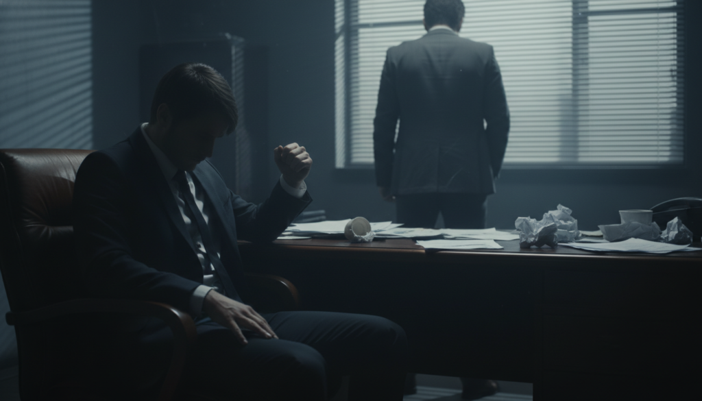 A somber, dimly lit office space serves as the backdrop, with a light filtering in through a partially closed blind, creating stripes of shadow across a cluttered desk. In the foreground, a figure in professional business attire sits at the desk, their face obscured in shadow, depicting a tense and dismissive expression. Papers are strewn about, some crumpled, symbolizing chaos and upheaval. In the middle ground, a second figure stands with their back turned, embodying feelings of frustration and betrayal, looking weary as they confront the first figure. The atmosphere is heavy and oppressive, evoking a sense of emotional tension. The scene should be captured with a shallow depth of field to emphasize the interaction, using a slightly tilted angle to enhance the feeling of discomfort and unease around toxic behavior.