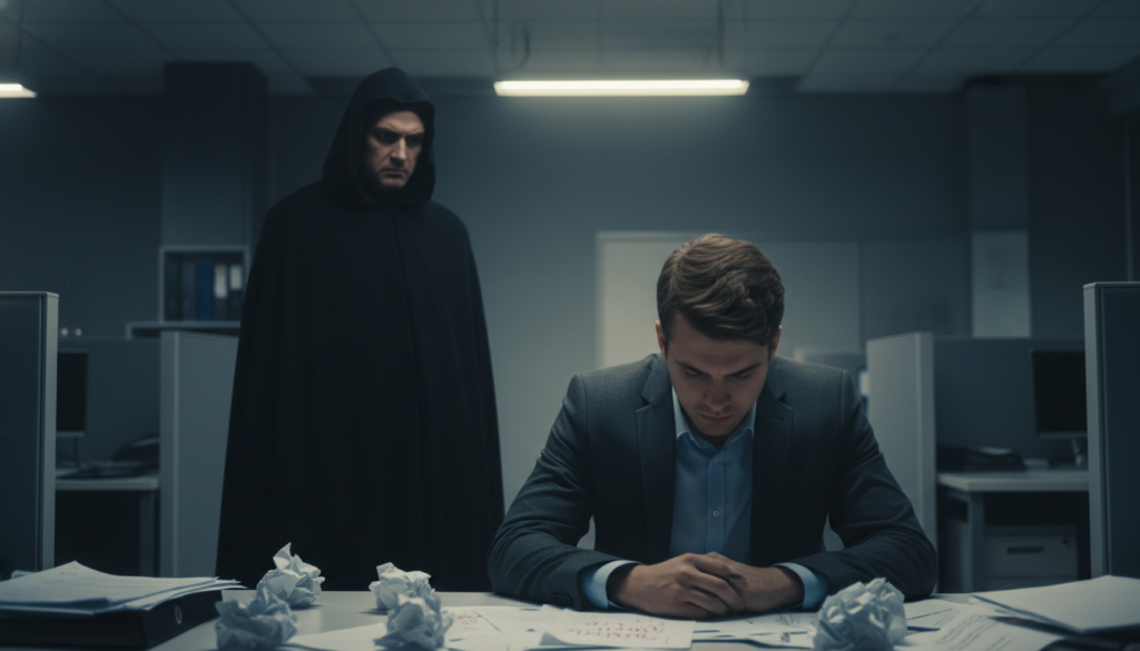 A somber office scene conveying feelings of constant devaluation. In the foreground, a young professional dressed in smart casual attire sits at a desk, looking disheartened and overwhelmed, with papers scattered around that symbolize criticism. In the middle section, a shadowy figure stands nearby, their expression disapproving and critical, illustrating toxic influence. The background features a dimly lit office space with gray walls and a flickering fluorescent light, creating an atmosphere of unease and isolation. The composition should use a subtle depth of field to emphasize the contrast between the distressed individual and the shadowy figure, evoking a mood of vulnerability and introspection. Soft, muted colors add to the feeling of heaviness in the scene, making it impactful and thought-provoking.