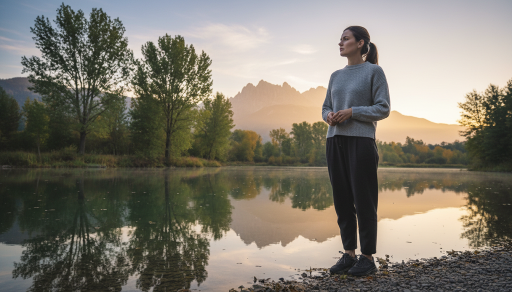 A somber yet hopeful scene depicting a person standing at the edge of a serene lake during sunrise, symbolizing the decision to start anew after loss. In the foreground, a woman in modest, casual clothing gazes thoughtfully at her reflection in the water, her expression contemplative yet determined. The middle ground features lush trees gently swaying in the soft morning breeze, while the background reveals distant mountains bathed in warm golden light, signifying new beginnings. The soft, diffused lighting creates a tranquil atmosphere, while the camera angle captures the subject from a low perspective, emphasizing her connection to the serene landscape. The overall mood evokes introspection and resilience, perfectly reflecting the theme of moving forward after heartbreak.