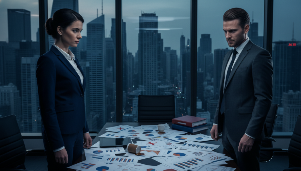 A tense office environment depicting toxic competitiveness. In the foreground, a diverse group of professionals in formal business attire — a woman with a determined expression and a man glancing at her with envy. In the middle ground, a table cluttered with graphs and reports, symbolizing rivalry and sabotage. The background features a large window showing a bustling cityscape, hinting at the pressure to succeed. Use dramatic, high-contrast lighting to create a sense of unease and tension, with shadows emphasizing the strained interactions. The overall mood is one of anxiety and strain, reflecting the impact of toxic competitiveness, jealousy, and workplace dynamics.