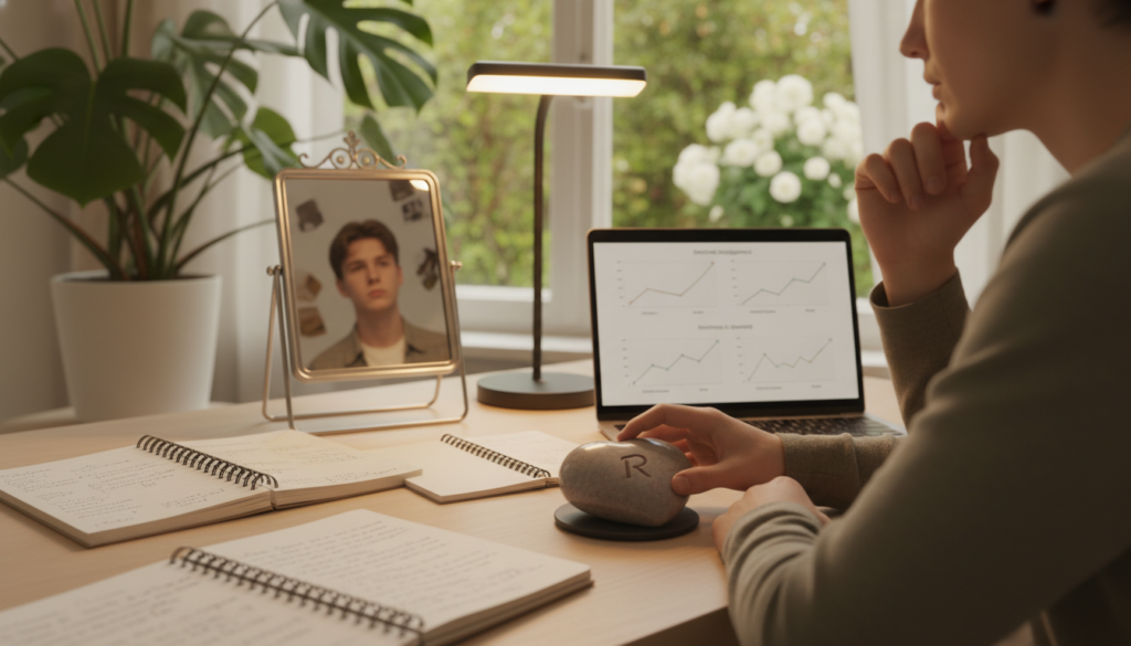 A thoughtful individual sitting peacefully at a modern desk, deep in contemplation, surrounded by open notebooks and a laptop displaying graphs of personal growth. In the foreground, focus on a hand resting on a heart-shaped stone symbolizing emotional responsibility. The middle section shows a soft light illuminating a framed reflection of the person’s past choices, representing their journey towards maturity. In the background, a lush indoor plant and a serene window view reveal a tranquil garden, enhancing the atmosphere of calm introspection. Use natural lighting to create a warm, inviting ambiance, with a shallow depth of field to emphasize the individual’s focused expression. Aim for a professional, reflective mood, suitable for conveying the concept of emotional responsibility in personal choices.