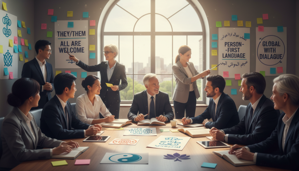A vibrant and engaging scene illustrating "inclusive language." In the foreground, a diverse group of individuals, dressed in professional business attire, are engaged in lively discussion around a large table adorned with multilingual texts and symbols representing various cultures. In the middle, brightly colored sticky notes and posters showcase key phrases promoting inclusive language, with people pointing and sharing ideas. The background features a large window with natural light pouring in, creating a warm and inviting atmosphere. The overall mood is collaborative and progressive, emphasizing the importance of understanding and respect in communication. Soft focus on the surroundings enhances the connection between the participants and their discussion, conveying a sense of community and shared purpose.