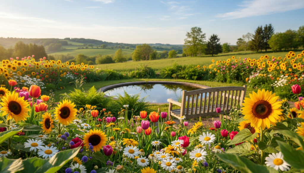 A vibrant garden scene filled with an array of colorful flowers, including sunflowers, daisies, and tulips, blooming in full sunlight. In the foreground, delicate blossoms create a tapestry of colors and textures, while soft green leaves frame the composition. The middle ground features a wooden bench beside a tranquil pond reflecting the clear blue sky, surrounded by lush greenery. In the background, a serene landscape with rolling hills and distant trees adds depth to the scene. The overall lighting is warm and gentle, suggesting a pleasant afternoon. The atmosphere is peaceful and uplifting, embodying the joy and beauty of nature, illustrating the connection between the natural world and happiness. A soft bokeh effect enhances the focus on the flowers, emphasizing their beauty without any text or distractions.