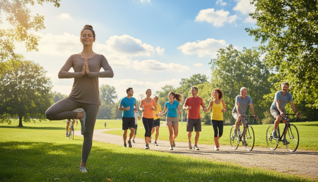 A vibrant outdoor scene depicting individuals engaging in various forms of physical activity, such as jogging, yoga, and cycling, to symbolize the release of built-up tension. In the foreground, a woman in modest athletic wear practices yoga on a green grassy area, exuding tranquility and focus. The middle ground showcases a diverse group of people jogging along a sunlit path, their expressions joyful and carefree, highlighting the communal aspect of exercise. In the background, bright blue skies with fluffy white clouds enhance the positive atmosphere. The lighting is warm and inviting, casting gentle shadows that emphasize movement. The overall mood is one of vitality, encouragement, and emotional well-being.
