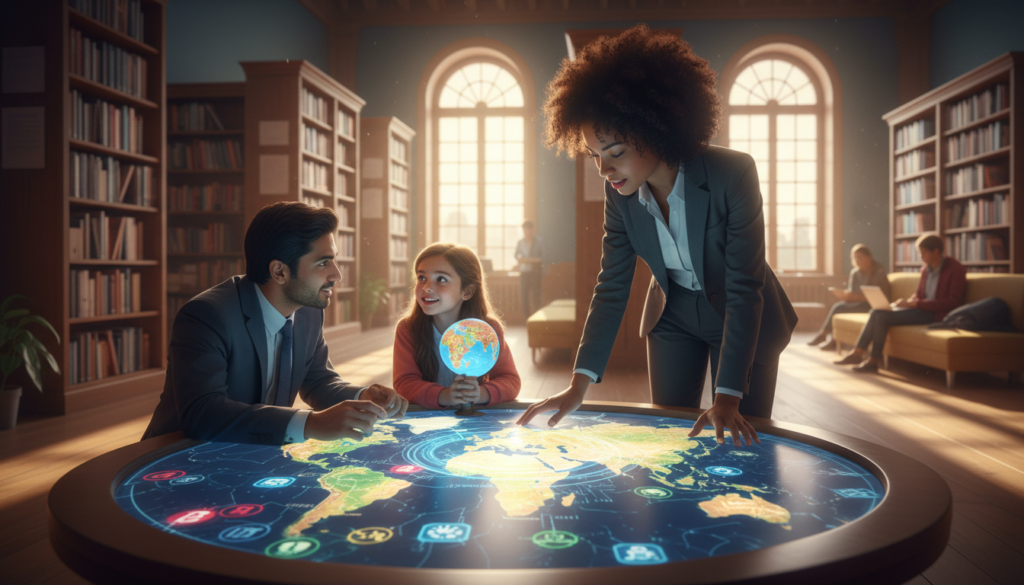 A vibrant scene depicting active curiosity, featuring a diverse group of three individuals in professional business attire. In the foreground, one person leans forward with an engaged expression, closely examining a colorful, interactive map that represents various cultures and ideas. The middle section shows another individual thoughtfully discussing insights with a child, showcasing collaboration and openness. In the background, a bright, inviting library filled with books and resources symbolizes knowledge and exploration, bathed in warm, natural light filtering through large windows. The atmosphere is energizing and inspiring, encouraging a sense of wonder and engagement. Use a slightly elevated camera angle to capture the depth of interaction and emphasize the theme of curiosity over judgment.
