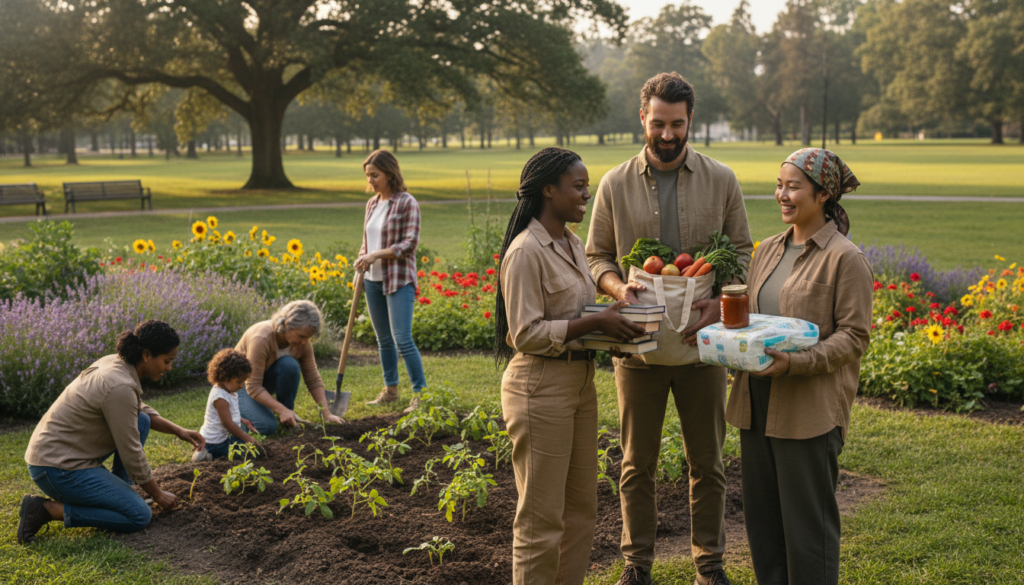 A warm and inviting scene capturing the spirit of sharing resources and solidarity. In the foreground, a diverse group of three people—two women and one man—are joyfully exchanging books, food, and essential items, all dressed in modest casual clothing. Their expressions convey happiness and connection. The middle ground features a community garden where others are cooperating, planting seeds and tending to plants, symbolizing growth and collaboration. In the background, a sunny park setting with greenery and blooming flowers enhances the positive atmosphere. Soft, natural lighting spills through the trees, creating a sense of warmth and community. The overall mood is uplifting and harmonious, celebrating the act of generosity and support.