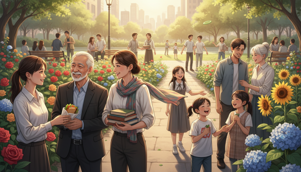 A warm, heartwarming scene depicting individuals actively engaging in kindness: in the foreground, a diverse group of people helping each other—offering food to someone in need, sharing a smile, and lending a hand with casual, professional clothing. In the middle ground, a community garden where people of all ages come together, working together to cultivate plants and share stories, with vibrant greens and colorful flowers. In the background, a sunlit park filled with families and friends enjoying each other's company, symbolizing connection and support. The lighting is soft and inviting, evoking a sense of hope and togetherness, with a focus on the joyful expressions of the participants. The image captures the essence of love in practice, fostering a positive and uplifting atmosphere.