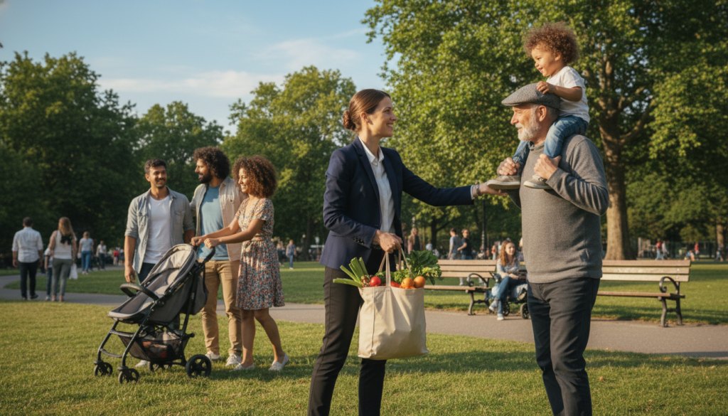 A warm, inviting scene depicting a diverse group of people engaged in a helpful, collaborative moment in an urban park. In the foreground, a woman in professional attire assists an elderly man with a grocery bag, showcasing kindness and practicality. In the middle, a young couple helps a mother with her children as they struggle with a stroller. The background features lush greenery, a clear blue sky, and park benches, creating a sense of community and support. The lighting is soft and natural, suggesting a pleasant afternoon. The overall mood is uplifting and emphasizes the importance of simple acts of kindness in everyday life, capturing a genuine feeling of connection and generosity.