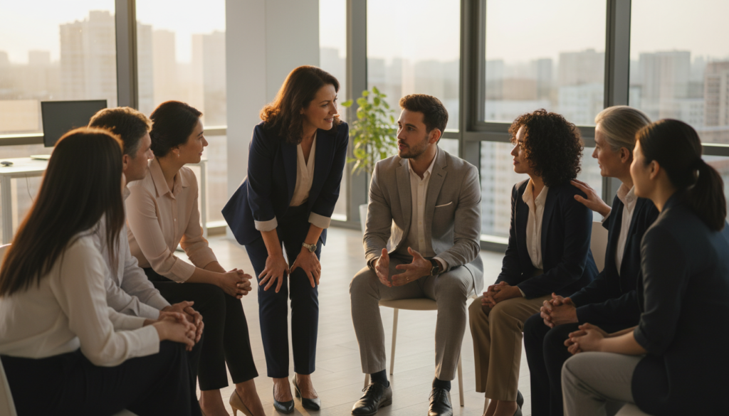 A warm, inviting scene depicting a group of diverse individuals engaged in a dialogue circle, embodying the concept of "practical empathy." In the foreground, a middle-aged woman with a gentle smile listens intently to a young man expressing his thoughts, both dressed in professional business attire. The middle ground features a diverse mix of participants of varying ages and ethnicities, attentively engaged, fostering an atmosphere of understanding and connection. In the background, a softly lit, modern office space with large windows allows natural light to filter through, enhancing the welcoming mood. The image should evoke a sense of community, compassion, and the transformative power of active listening, captured from an angle that focuses on their expressions and the shared engagement, creating a harmonious and inspirational atmosphere. A warm, inviting scene depicting a group of diverse individuals engaged in a dialogue circle, embodying the concept of "practical empathy." In the foreground, a middle-aged woman with a gentle smile listens intently to a young man expressing his thoughts, both dressed in professional business attire. The middle ground features a diverse mix of participants of varying ages and ethnicities, attentively engaged, fostering an atmosphere of understanding and connection. In the background, a softly lit, modern office space with large windows allows natural light to filter through, enhancing the welcoming mood. The image should evoke a sense of community, compassion, and the transformative power of active listening, captured from an angle that focuses on their expressions and the shared engagement, creating a harmonious and inspirational atmosphere.