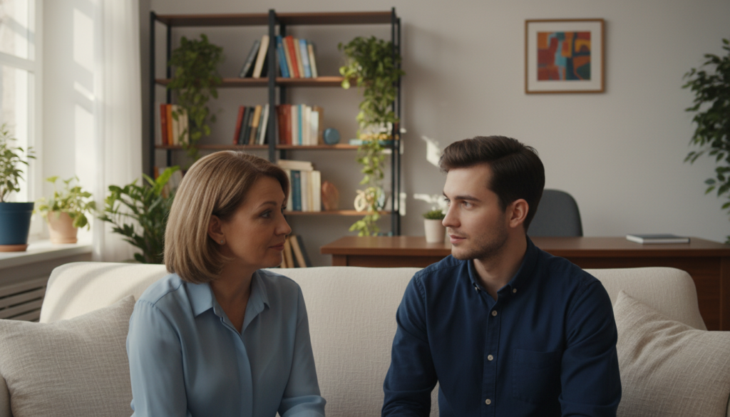 A warm, inviting scene of two individuals engaged in active listening, showcasing the essence of attention and respect. In the foreground, a middle-aged woman and a young man sit on a comfortable couch, leaning slightly towards each other, their expressions focused and empathetic. The woman, dressed in a modest light blue blouse, nods thoughtfully while the man, in a smart casual navy shirt, maintains eye contact, reflecting genuine interest. In the middle ground, a softly lit room with shelves filled with books and plants creates a cozy atmosphere. Soft, diffused natural light streams through a nearby window, casting gentle shadows. The background hints at a peaceful home office setting, emphasizing the importance of a nurturing environment for meaningful conversations. The overall mood is serene and respectful, inviting viewers to appreciate the art of listening.