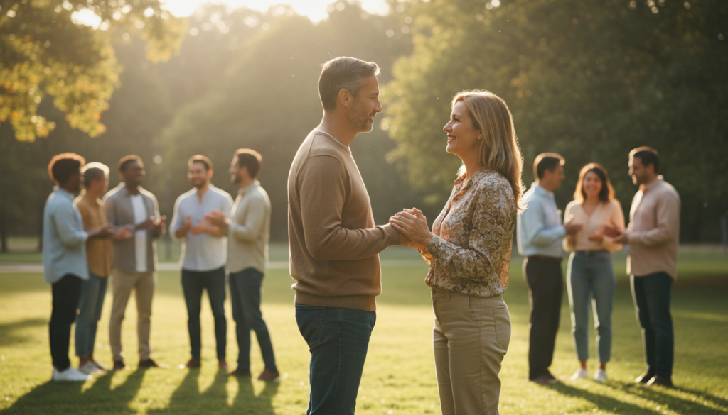 A warm scene depicting connection between humans, showcasing two individuals standing close together, sharing a heartfelt moment. In the foreground, a middle-aged man and woman, dressed in modest casual clothing, are smiling warmly while reaching out to each other, conveying empathy and understanding. In the middle ground, a soft blur of a diverse group of people engaged in joyful conversation, their faces radiating happiness, enhancing the theme of connection. The background features a serene park setting with lush greenery and soft golden sunlight filtering through the leaves, creating a tranquil and inviting atmosphere. The scene is softly lit, creating a warm glow, with a shallow depth of field to emphasize the connection between the two primary subjects while still hinting at the communal joy surrounding them.