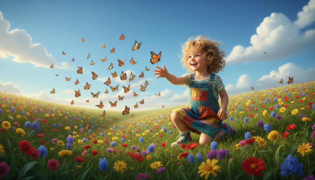 A whimsical scene capturing the essence of joy and wonder through the eyes of a child. In the foreground, a young child with an expression of pure delight kneels on a grassy meadow, surrounded by colorful wildflowers. Their attire is bright and playful, embodying innocence and curiosity. In the middle ground, butterflies flutter around, enhancing the atmosphere of discovery and joy, while a gentle breeze sways the flowers. The background features a radiant blue sky, dotted with fluffy white clouds, suggesting a perfect sunny day. Warm, golden sunlight bathes the scene, creating soft, inviting shadows. The composition evokes a sense of awe and happiness, inviting viewers to experience the world anew through a child’s perspective.