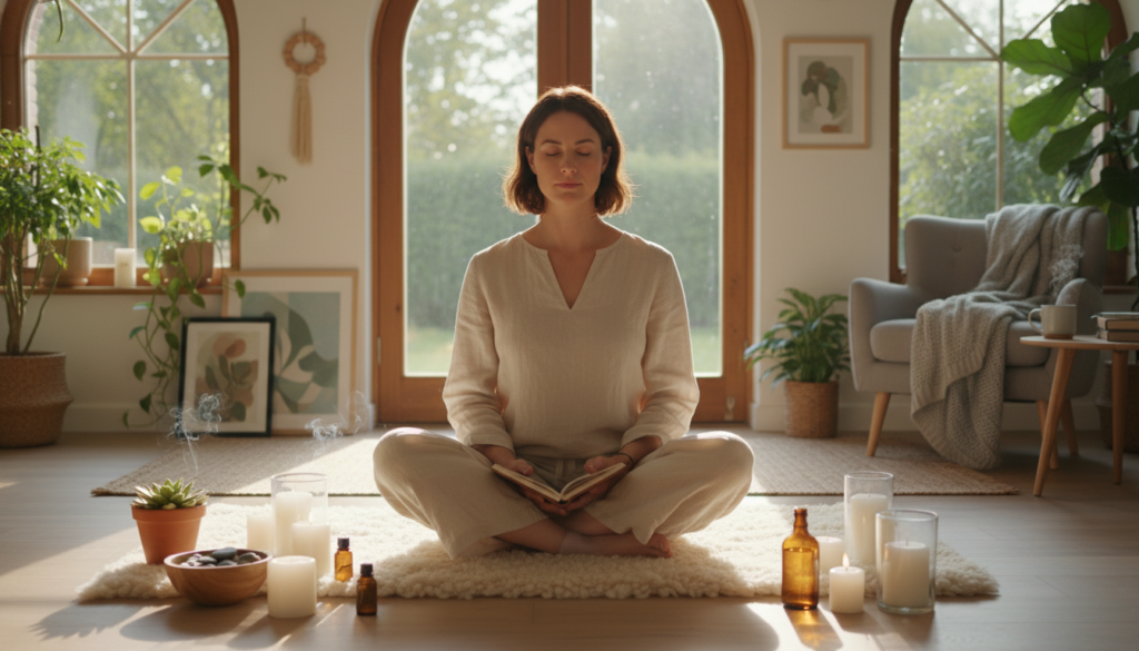 A woman practicing morning emotional self-care rituals in a tranquil environment. The foreground features her sitting cross-legged on a soft mat, dressed in comfortable, modest clothing, with a serene expression as she meditates. She holds a small journal in her lap, surrounded by soothing candles and essential oils. In the middle ground, gentle sunlight filters through large windows, creating a warm and inviting glow. Plants and calming artwork decorate the space, emphasizing a connection to nature. The background showcases a peaceful room filled with natural textures like wood and soft fabrics. The overall atmosphere is harmonious, promoting a sense of well-being and tranquility, inviting the viewer to imagine a nurturing morning routine.
