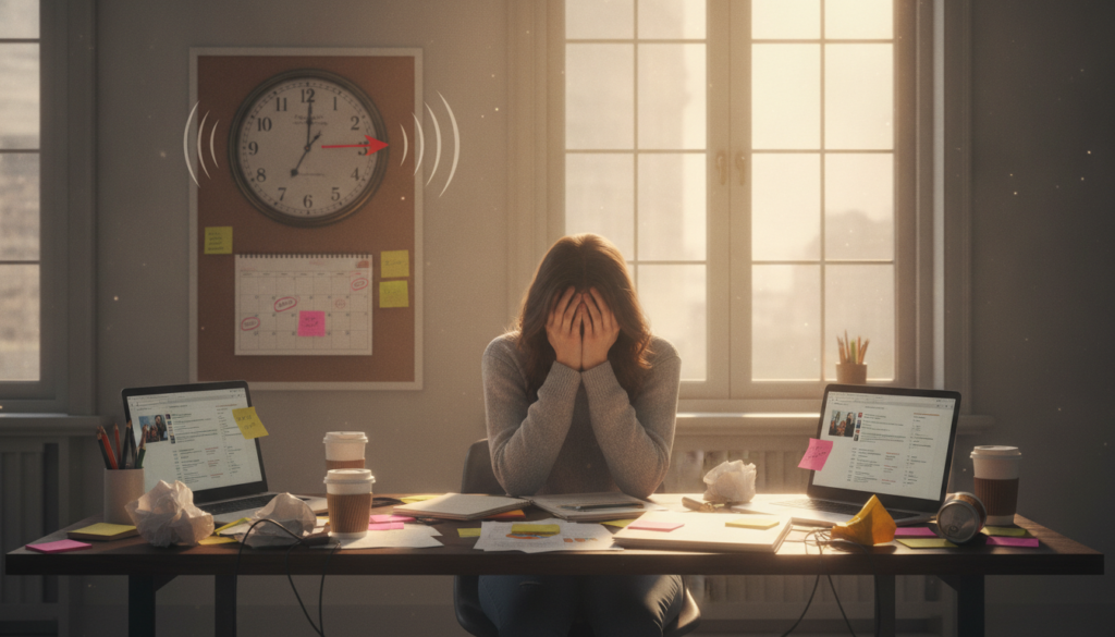 A cluttered desk filled with productivity tools and scattered notes, representing common productivity errors. In the foreground, a frustrated businesswoman in modest casual clothing, holding her head in her hands, surrounded by a chaotic mix of sticky notes, open laptops, and half-finished planners. In the middle ground, a clock ticking loudly, emphasizing the pressure of time management, with a calendar showing deadlines approaching. In the background, a large window with natural sunlight pouring in, contrasting the intense atmosphere. The mood is one of frustration and overwhelm, highlighted by warm, soft lighting to evoke a relatable sense of struggle. The composition captures the essence of unproductive distractions in a professional setting, inviting viewers to reflect on their own experiences. A cluttered desk filled with productivity tools and scattered notes, representing common productivity errors. In the foreground, a frustrated businesswoman in modest casual clothing, holding her head in her hands, surrounded by a chaotic mix of sticky notes, open laptops, and half-finished planners. In the middle ground, a clock ticking loudly, emphasizing the pressure of time management, with a calendar showing deadlines approaching. In the background, a large window with natural sunlight pouring in, contrasting the intense atmosphere. The mood is one of frustration and overwhelm, highlighted by warm, soft lighting to evoke a relatable sense of struggle. The composition captures the essence of unproductive distractions in a professional setting, inviting viewers to reflect on their own experiences.