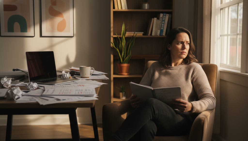 A cluttered home office desk is the foreground, filled with disorganized papers, a laptop slightly open but idle, and a half-finished cup of coffee. A person sits in a cozy chair, wearing smart casual attire, looking distractedly at a notebook filled with to-do lists. Their expression reveals a mix of worry and avoidance, with a subtle glance towards the window, where natural light streams in, casting soft shadows. The middle ground features a bookshelf with self-help books and a potted plant, adding a touch of life. In the background, soft-focus artwork on the wall hints at aspirations, yet the overall atmosphere feels heavy with tension and procrastination. The lighting is warm but slightly dim, creating a contemplative mood, emphasizing the internal struggle of emotional procrastination.