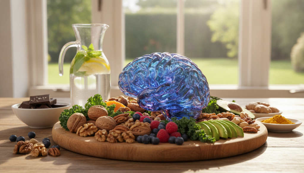 A colorful and vibrant still life composition showcasing a brain surrounded by various brain-boosting foods. In the foreground, a fresh assortment of nuts, berries, avocados, and leafy greens is artistically arranged, symbolizing conscious nutrition. In the middle ground, a light-filled wooden kitchen table serves as the base, with a glass jar of water infused with lemon and mint, emphasizing hydration. The background features soft, natural lighting that bathes the scene, creating a warm and inviting atmosphere. The overall mood conveys health and vitality, inspiring viewers to connect with mindful eating habits. The image should focus on the richness of colors and textures, highlighting the wonder of food that nourishes the mind. A colorful and vibrant still life composition showcasing a brain surrounded by various brain-boosting foods. In the foreground, a fresh assortment of nuts, berries, avocados, and leafy greens is artistically arranged, symbolizing conscious nutrition. In the middle ground, a light-filled wooden kitchen table serves as the base, with a glass jar of water infused with lemon and mint, emphasizing hydration. The background features soft, natural lighting that bathes the scene, creating a warm and inviting atmosphere. The overall mood conveys health and vitality, inspiring viewers to connect with mindful eating habits. The image should focus on the richness of colors and textures, highlighting the wonder of food that nourishes the mind.