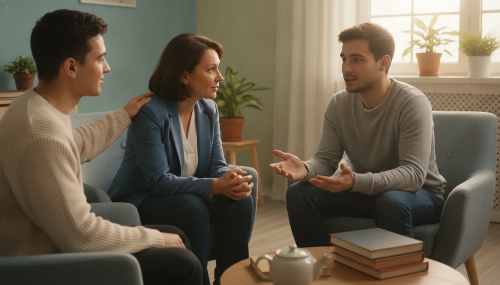 A compassionate scene depicting human development and emotional support, centered on a diverse group of three individuals in a harmonious circle. In the foreground, a middle-aged woman in professional attire warmly listens to a young man, who shares his experiences, showcasing an empathetic interaction. In the middle ground, a supportive person offers a reassuring gesture, symbolizing encouragement. The background features a softly lit room with calming colors, cozy furniture, and plants, creating a tranquil atmosphere. Natural light filters through a window, enhancing the mood of hope and resilience. Shot from a slightly elevated angle to capture the emotions of the participants, the overall atmosphere conveys positivity, connection, and the universal patterns of resilience.