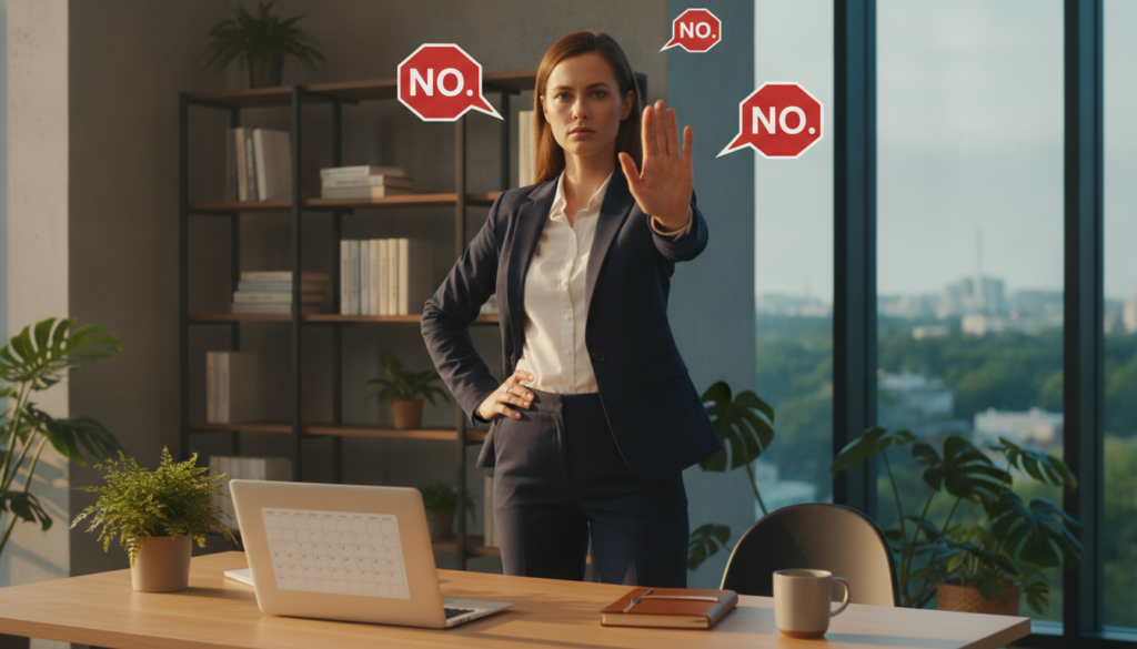 A confident individual stands in a modern office environment, embodying the essence of assertiveness while saying "no." The foreground features a professional man or woman dressed in business attire, with a determined expression and hands confidently gesturing towards the viewer, conveying clear boundaries. In the middle ground, a sleek desk with a laptop and a planner hints at a productive workspace, while a bookshelf filled with books on personal development and productivity looms behind. The background is softly blurred, showcasing office plants and large windows that allow natural light to flood the space. The lighting is warm and inviting, creating an atmosphere of empowerment and positivity. The angle is slightly low, emphasizing the subject's commanding presence, inspiring viewers to embrace the art of saying no with assurance. A confident individual stands in a modern office environment, embodying the essence of assertiveness while saying "no." The foreground features a professional man or woman dressed in business attire, with a determined expression and hands confidently gesturing towards the viewer, conveying clear boundaries. In the middle ground, a sleek desk with a laptop and a planner hints at a productive workspace, while a bookshelf filled with books on personal development and productivity looms behind. The background is softly blurred, showcasing office plants and large windows that allow natural light to flood the space. The lighting is warm and inviting, creating an atmosphere of empowerment and positivity. The angle is slightly low, emphasizing the subject's commanding presence, inspiring viewers to embrace the art of saying no with assurance.