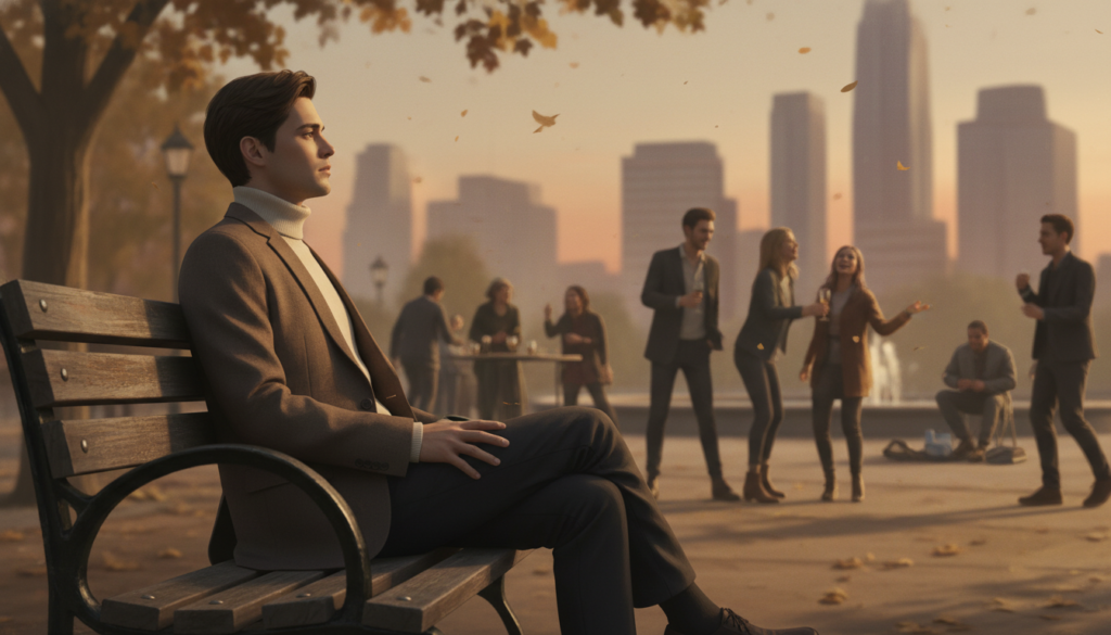 A contemplative individual sits alone on a park bench, surrounded by trees and soft, dappled sunlight filtering through the leaves. They are dressed in smart casual attire, gazing at a group of people laughing and interacting nearby, embodying a deep sense of longing and introspection. In the middle ground, blurred silhouettes of social interactions—a bustling café or a lively gathering—symbolize the pressure of societal approval. The background features urban elements, such as city buildings and soft hues of sunset, portraying a contrast between the serene character and the bustling world. Enhanced with a warm color palette and soft focus to create an emotional, reflective atmosphere, the image encapsulates the essence of dependence on approval and the solitude it can bring.