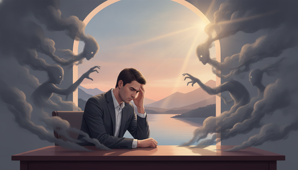 A contemplative scene depicting an individual sitting at a desk, surrounded by ethereal wisps of dark clouds representing negative thoughts. In the foreground, a thoughtful person dressed in professional attire rests their head on one hand, looking introspective. In the middle ground, swirling shadows subtly take form, symbolizing anxiety and negativity, while soft, warm light breaks through from the background, representing hope and resolution. The background showcases a calm landscape with soft gradients transitioning from dark to light, suggesting the journey from negative to positive thoughts. The lighting is soft and diffused, casting gentle shadows, and the overall mood evokes a sense of struggle yet possibility for emotional balance. The angle is slightly elevated, giving a sense of depth and perspective to the scene. A contemplative scene depicting an individual sitting at a desk, surrounded by ethereal wisps of dark clouds representing negative thoughts. In the foreground, a thoughtful person dressed in professional attire rests their head on one hand, looking introspective. In the middle ground, swirling shadows subtly take form, symbolizing anxiety and negativity, while soft, warm light breaks through from the background, representing hope and resolution. The background showcases a calm landscape with soft gradients transitioning from dark to light, suggesting the journey from negative to positive thoughts. The lighting is soft and diffused, casting gentle shadows, and the overall mood evokes a sense of struggle yet possibility for emotional balance. The angle is slightly elevated, giving a sense of depth and perspective to the scene.