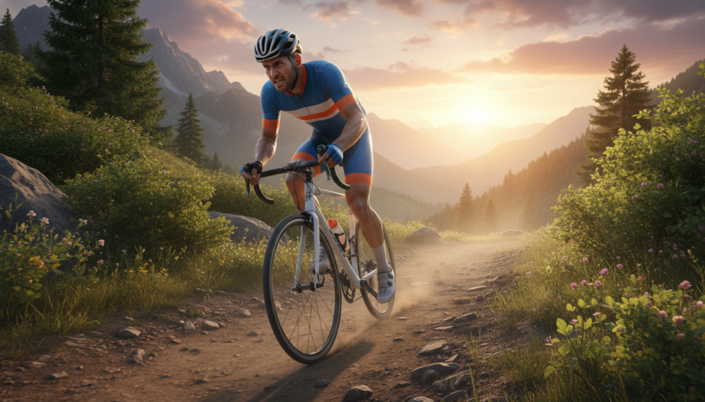 A cyclist in professional sports attire, focused and determined, pedals energetically on a scenic mountain trail. The foreground features the cyclist's muscular legs, showcasing strength and movement, while the mid-ground includes the vibrant greenery of the mountainside and a winding dirt path. In the background, a luminous sky at golden hour casts a warm glow over the landscape, enhancing a feeling of vitality and health. The cyclist’s expression reflects concentration, embodying the spirit of physical endurance. Soft, natural lighting highlights the contours of the cyclist’s muscles, emphasizing the theme of strength and stamina in cycling. The mood is inspiring and energetic, capturing the essence of physical fitness and resilience.
