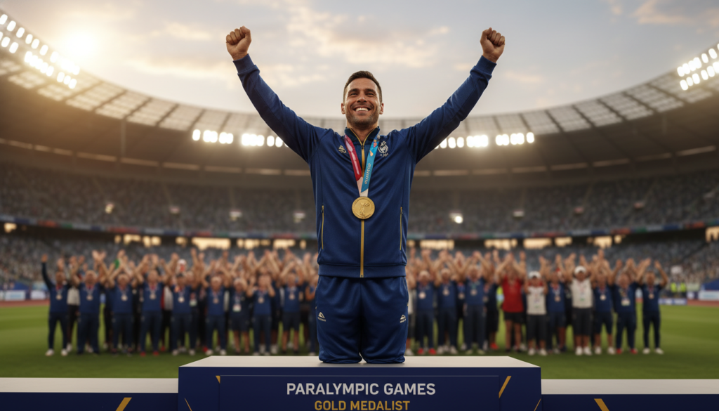 A determined Paralympic athlete, Carlos Oliveira, stands triumphantly on a podium, clad in a stylish yet modest sports suit that radiates pride. The foreground captures Carlos' expressive face, showcasing his unwavering spirit and joy after an intense competition. In the middle ground, the blurred outline of a cheering crowd highlights the support and camaraderie in the atmosphere, symbolizing resilience and community. The background features a bright stadium illuminated by warm, golden lighting as evening sets in, casting a hopeful glow over the scene. The angle is a low shot, emphasizing Carlos' stature and accomplishments. The overall mood is one of inspiration, resilience, and the celebration of achievement in the face of adversity.