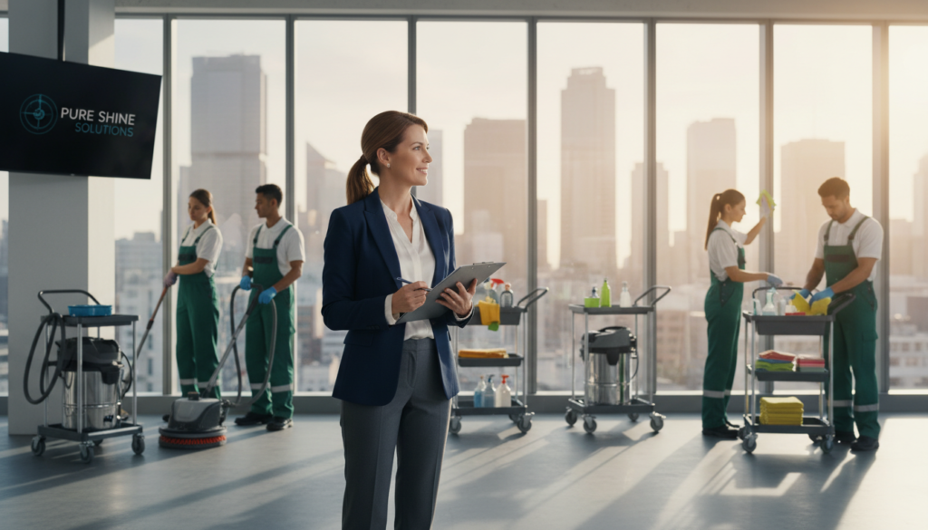 A determined woman in her late 40s, dressed in smart business attire, confidently oversees her bustling cleaning company. In the foreground, she stands with a clipboard in hand, directing her team of diverse employees who are actively cleaning different spaces, showcasing teamwork and empowerment. The middle ground features a bright and modern office environment with cleaning equipment neatly arranged, reflecting a professional workspace. In the background, glass windows reveal a vibrant city skyline, symbolizing progress and ambition. The lighting is warm and inviting, casting soft shadows that enhance the inviting atmosphere. The overall mood is inspirational and uplifting, celebrating female entrepreneurship and resilience.