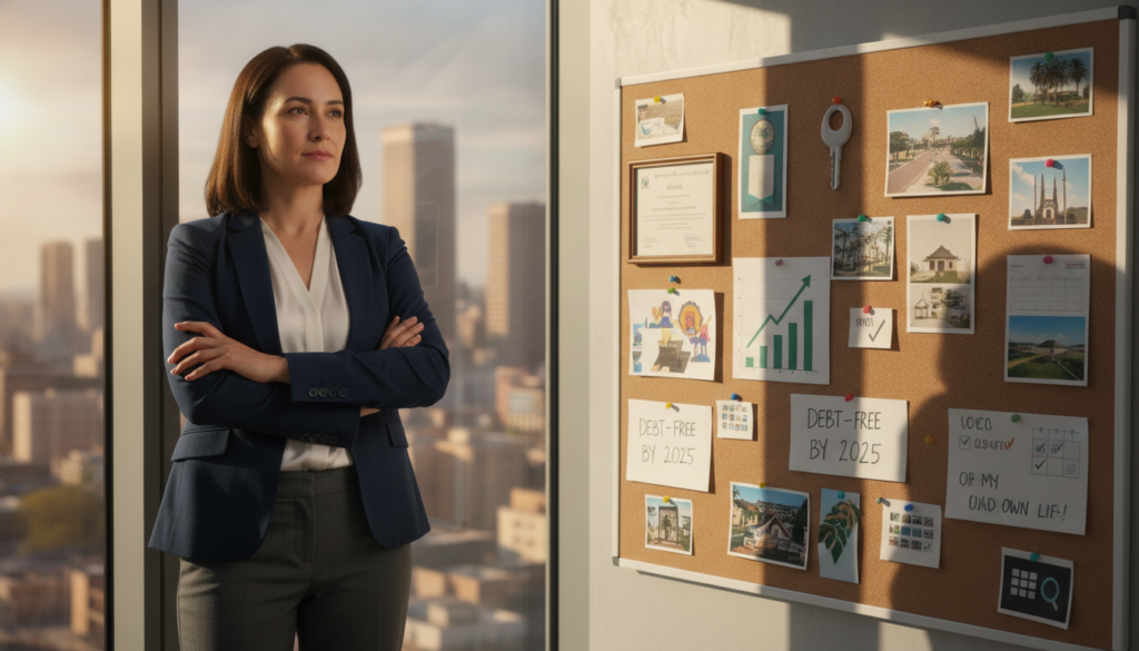 A determined woman named Ana stands confidently at a modern office window, symbolizing her personal transformation. In the foreground, she wears professional business attire, with a look of contemplation on her face, reflecting her resilience. The middle ground features a large inspirational vision board filled with goals and achievements, demonstrating her journey from financial struggle to success. In the background, a bustling cityscape bathed in warm sunlight represents opportunity and hope. The lighting is bright and uplifting, casting soft shadows that emphasize her strong silhouette. The angle of the shot is slightly elevated, capturing both Ana's focused expression and the expansive view of the city, creating an atmosphere of aspiration and possibility.