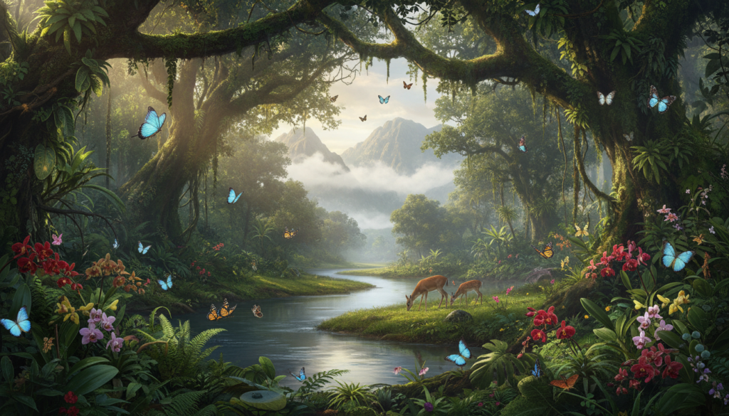 A lush, vibrant rainforest teeming with life, showcasing the intricate balance of biodiversity and ecological harmony. In the foreground, a diverse array of plant species, including ferns, orchids, and towering trees, creates a rich tapestry of green, with colorful butterflies flitting among the flowers. In the middle ground, a serene river flows, reflecting the dappled sunlight filtering through the canopy, while a family of deer peacefully grazes along the water's edge. In the background, distant mountains rise, shrouded in mist, emphasizing the depth of the natural landscape. The atmosphere is tranquil and harmonious, bathed in soft, warm light, capturing the profound connection between humans and nature, symbolizing environmental awareness and responsibility.