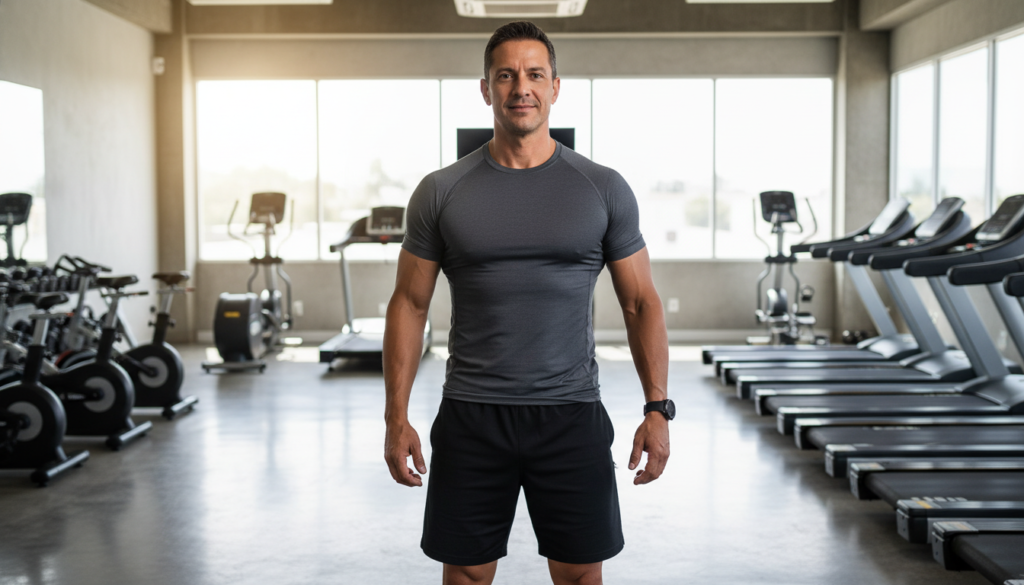 A man in his early 40s, named Roberto Lima, standing confidently in a bright, modern gym environment, showcasing his remarkable physical transformation. In the foreground, he is wearing a fitted, modest athletic outfit that highlights his toned physique after losing 62 kilos. His expression radiates determination and pride. In the middle ground, various gym equipment is visible, suggesting an active lifestyle. The background features large windows allowing natural light to flood in, creating an uplifting atmosphere. The shot is taken from a slightly low angle, emphasizing his stature and resilience. The overall mood is inspiring and motivational, symbolizing courage and commitment to change.