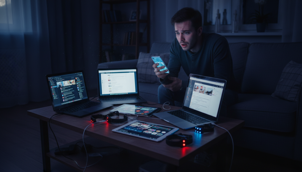 A person sitting on a couch, looking stressed while surrounded by multiple digital devices glowing with notifications. In the foreground, focus on the distressed expression on their face, illuminated by the blue light of a smartphone held in their hand. In the midground, a coffee table cluttered with laptops, tablets, and smartwatches, each buzzing with alerts, creating a chaotic atmosphere. In the background, a dimly lit room, suggesting a late-night setting with shadows looming, emphasizing feelings of anxiety and pressure. Soft, cool lighting enhances the mood of tension and unease, while the angle captures the overwhelming presence of technology in everyday life. The overall tone conveys the silent stress caused by constant connectivity.