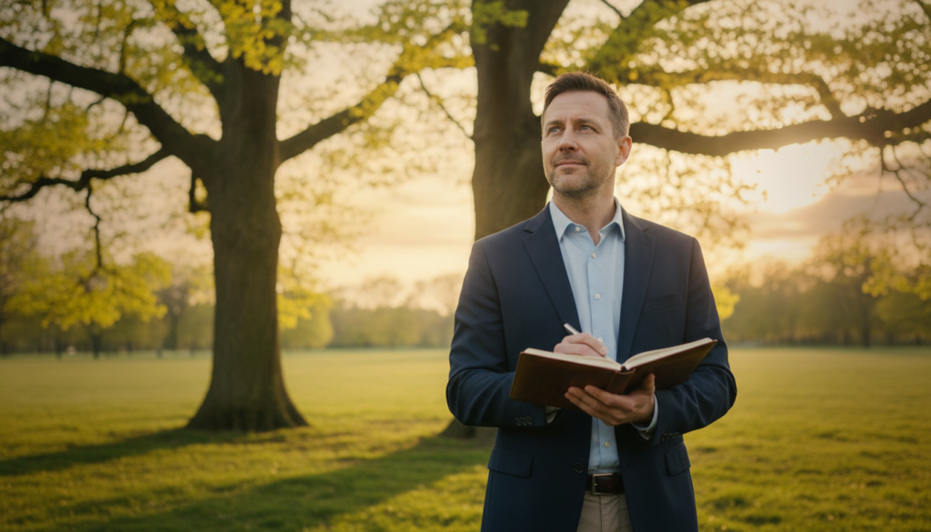 A powerful scene depicting a man in his early forties, dressed in smart casual attire, standing confidently in a serene park. In the foreground, he holds a journal, symbolizing self-reflection and growth, with an expression of determination and hope. In the middle ground, a duo of vibrant trees symbolizes resilience, their leaves bright green against the soft sunlight filtering through. In the background, a gentle sunset casts warm hues of orange and pink, evoking feelings of renewal and transformation. The atmosphere is uplifting, with soft diffused lighting highlighting his face, creating a sense of inner strength. The composition should emphasize a thoughtful journey, representing personal empowerment in the face of adversity.
